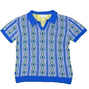 OXKNITSTORE Coogi Style Knit Polo Shirt Mens M Blue Yellow Cotton Open Stitch